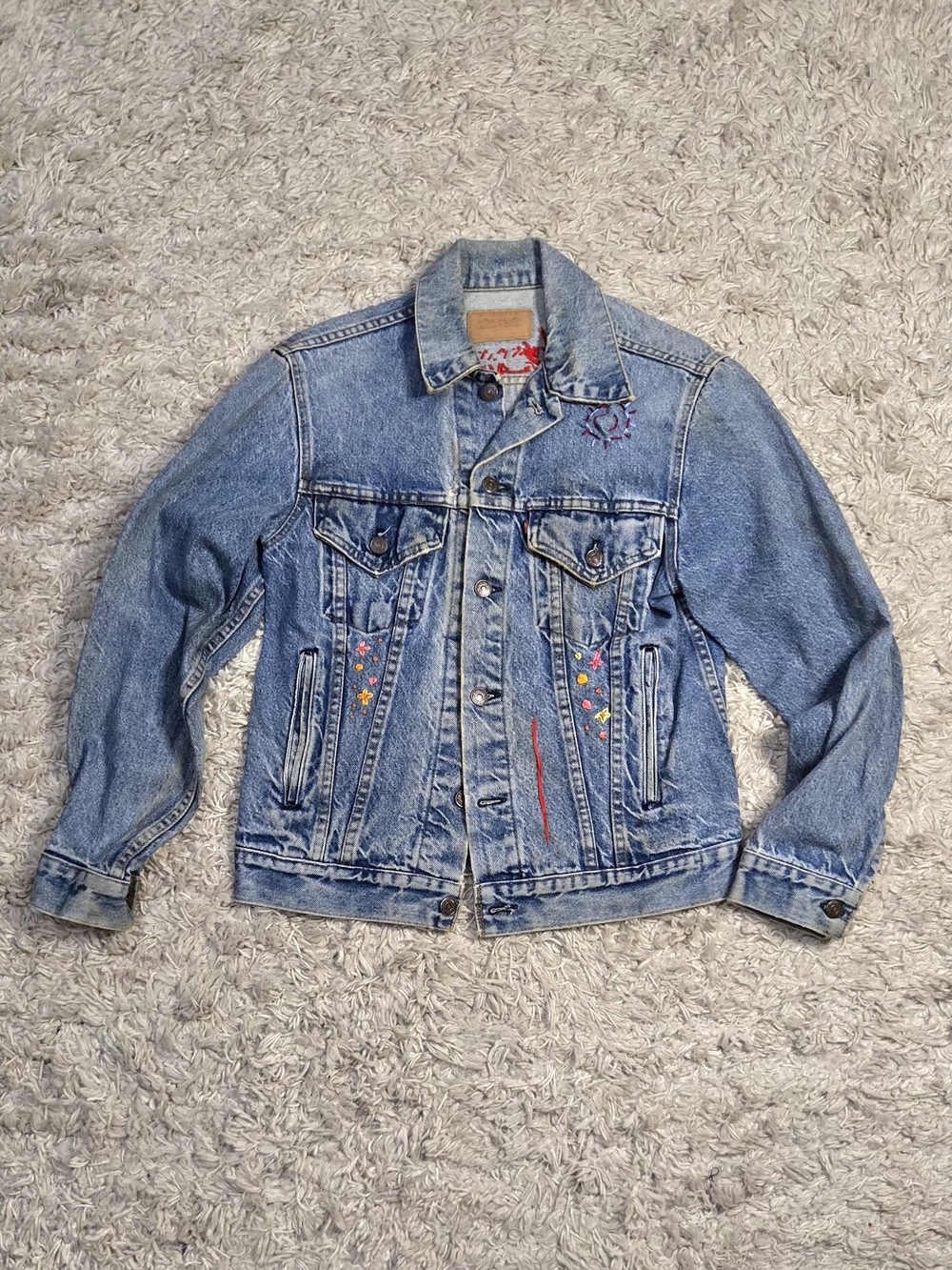VTG 90s Levis Custom Embroidery Blue Denim Jacket S 38